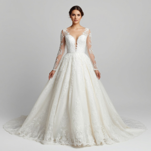 beautiful bride model wearing elegant ball gown wedding dress with long sleeves, front view, full length portrait, white background, professional bridal photography (2)