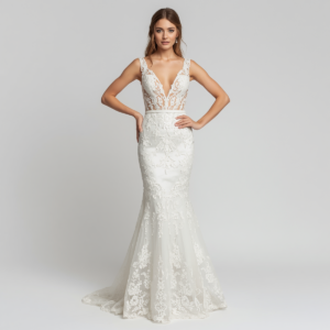 beautiful bride model wearing elegant mermaid wedding dress with lace details, front view, full length portrait, white background, professional bridal photography