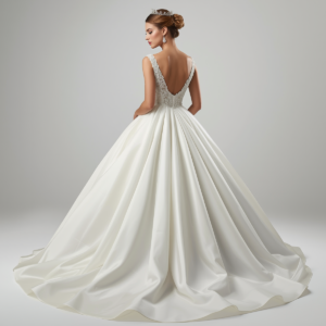 beautiful bride model wearing elegant princess ball gown wedding dress, back view, full length portrait, white background, professional bridal photography (1)