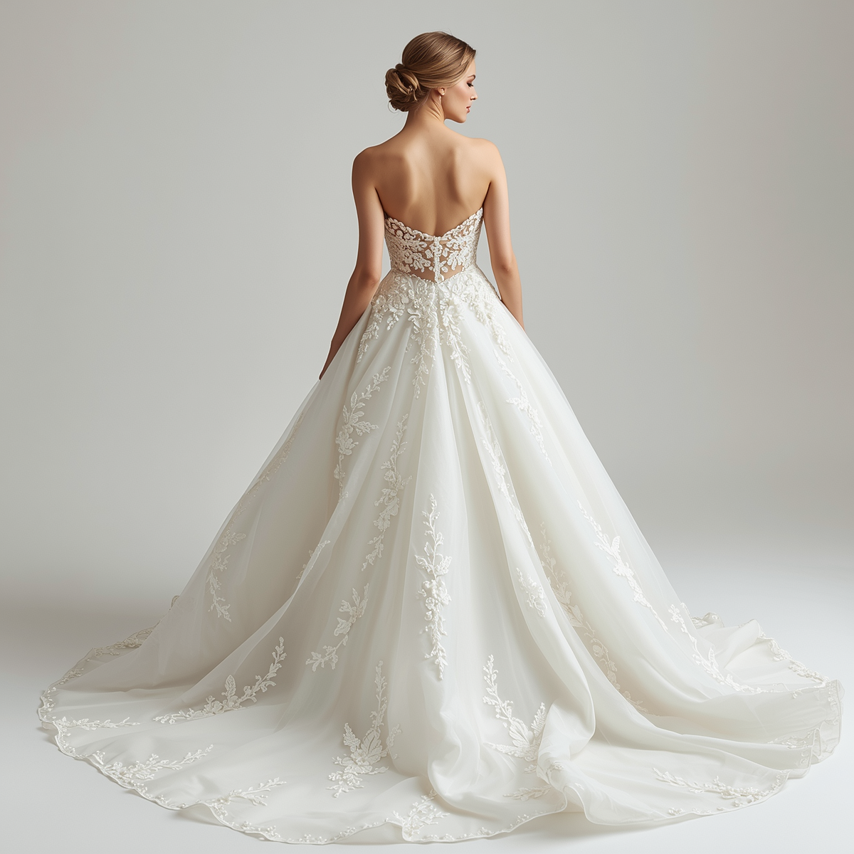 beautiful bride model wearing elegant princess ball gown wedding dress, back view, full length portrait, white background, professional bridal photography (2) beautiful bride model wearing elegant princess ball gown wedding dress, back view, full length portrait, white background, professional bridal photography (2)
