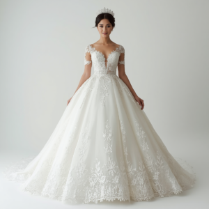 beautiful bride model wearing elegant princess ball gown wedding dress, front view, full length portrait, white background, professional bridal photography (2)
