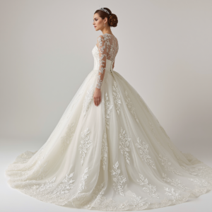 beautiful bride model wearing elegant princess ball gown wedding dress, side view profile, full length portrait, white background, professional bridal photography