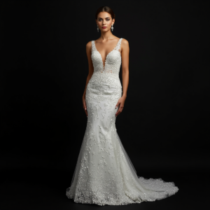 beautiful bride model wearing elegant wedding dress with crystal embellishments, beaded crystals, sparkling details, full length portrait, black background, professional bridal photography (1)