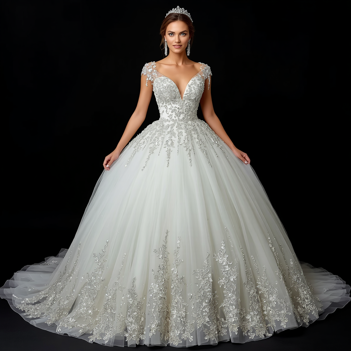 beautiful bride model wearing elegant wedding dress with crystal embellishments, beaded crystals, sparkling details, full length portrait, black background, professional bridal photography (2) beautiful bride model wearing elegant wedding dress with crystal embellishments, beaded crystals, sparkling details, full length portrait, black background, professional bridal photography (2)