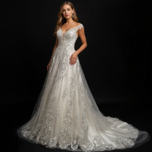 beautiful bride model wearing elegant wedding dress with crystal embellishments, beaded crystals, sparkling details, full length portrait, black background, professional bridal photography (6)