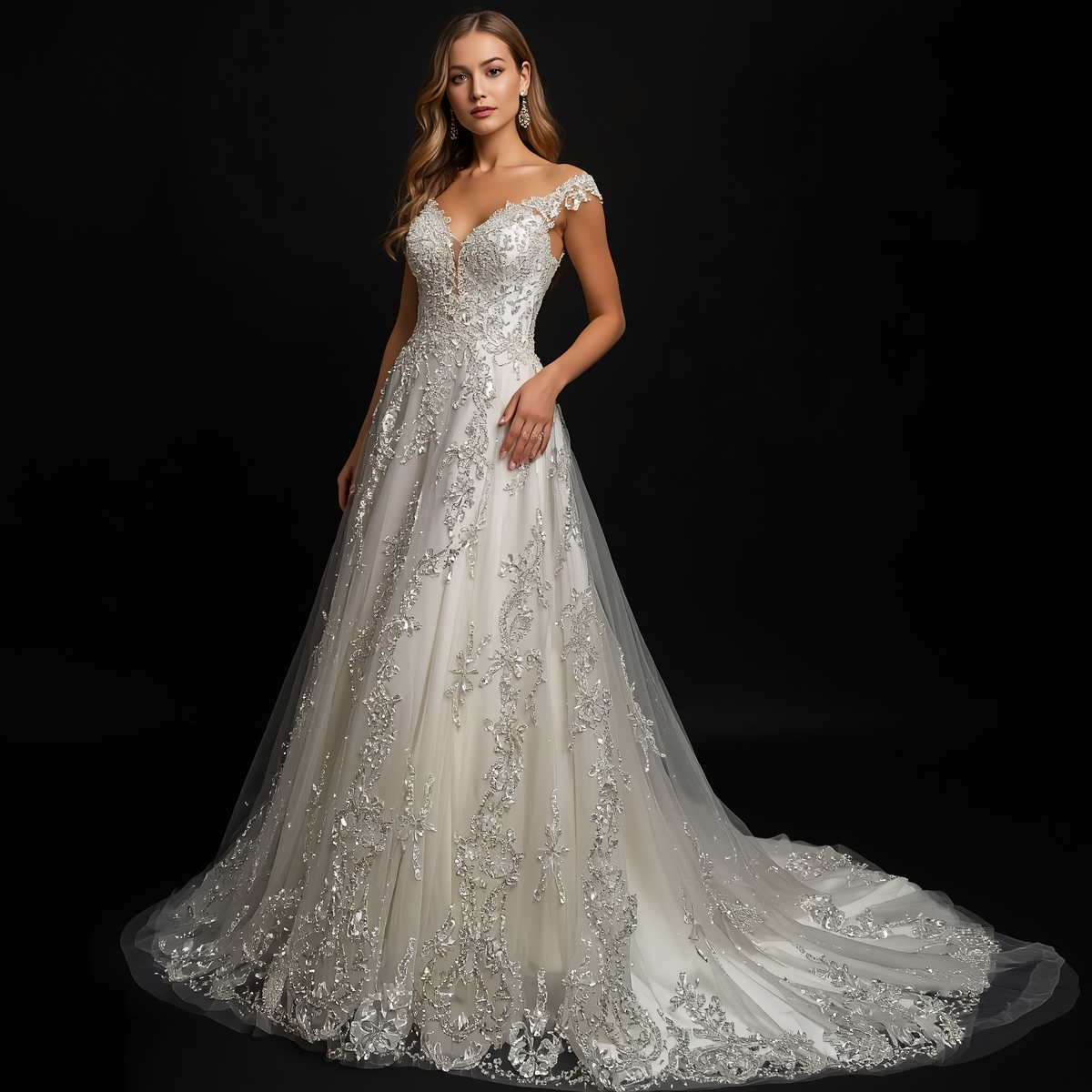 beautiful bride model wearing elegant wedding dress with crystal embellishments, beaded crystals, sparkling details, full length portrait, black background, professional bridal photography (6) beautiful bride model wearing elegant wedding dress with crystal embellishments, beaded crystals, sparkling details, full length portrait, black background, professional bridal photography (6)