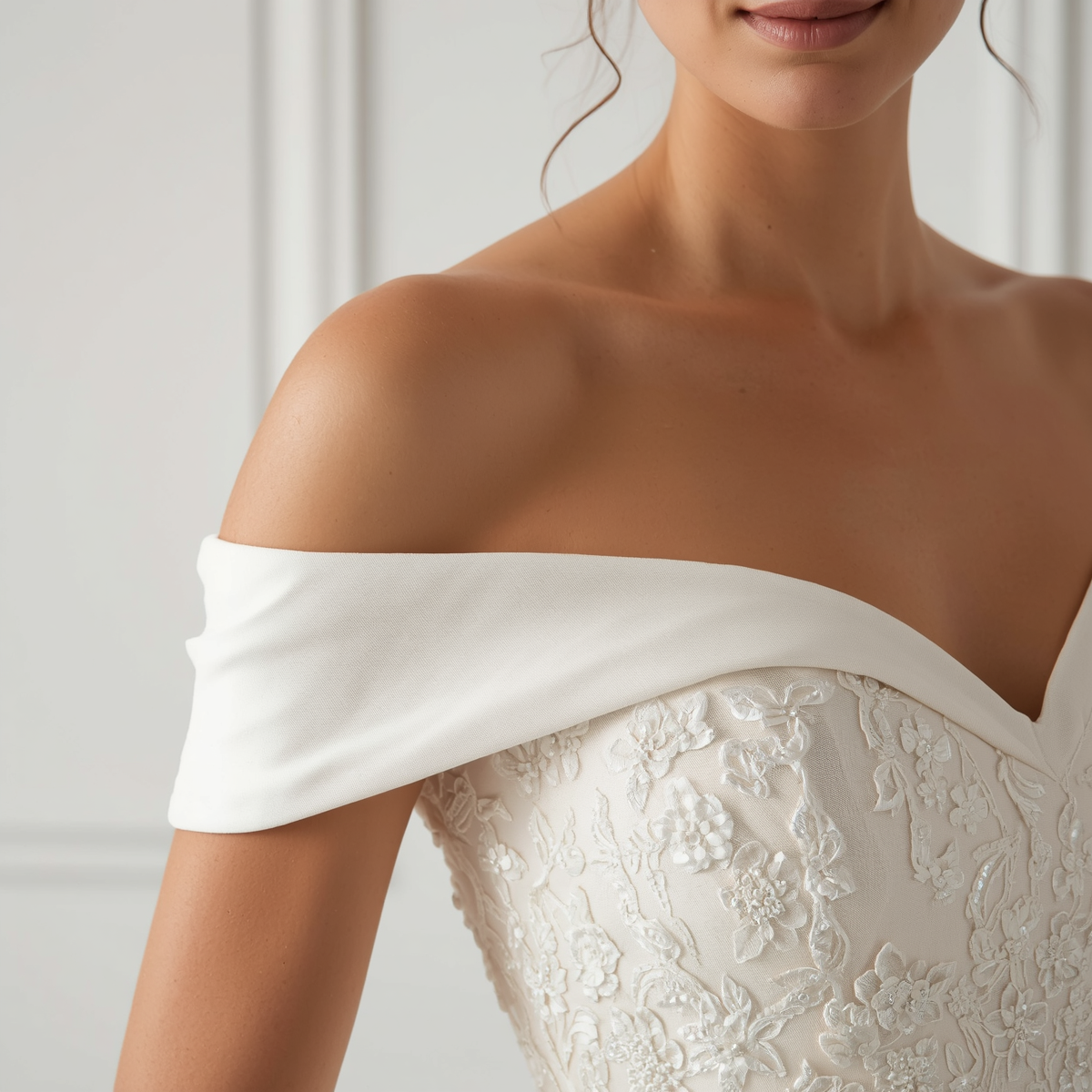 close up detail shot of a line wedding dress with off shoulder sleeves, fabric detail, neckline detail, white background, professional bridal photography (2) close up detail shot of a line wedding dress with off shoulder sleeves, fabric detail, neckline detail, white background, professional bridal photography (2)