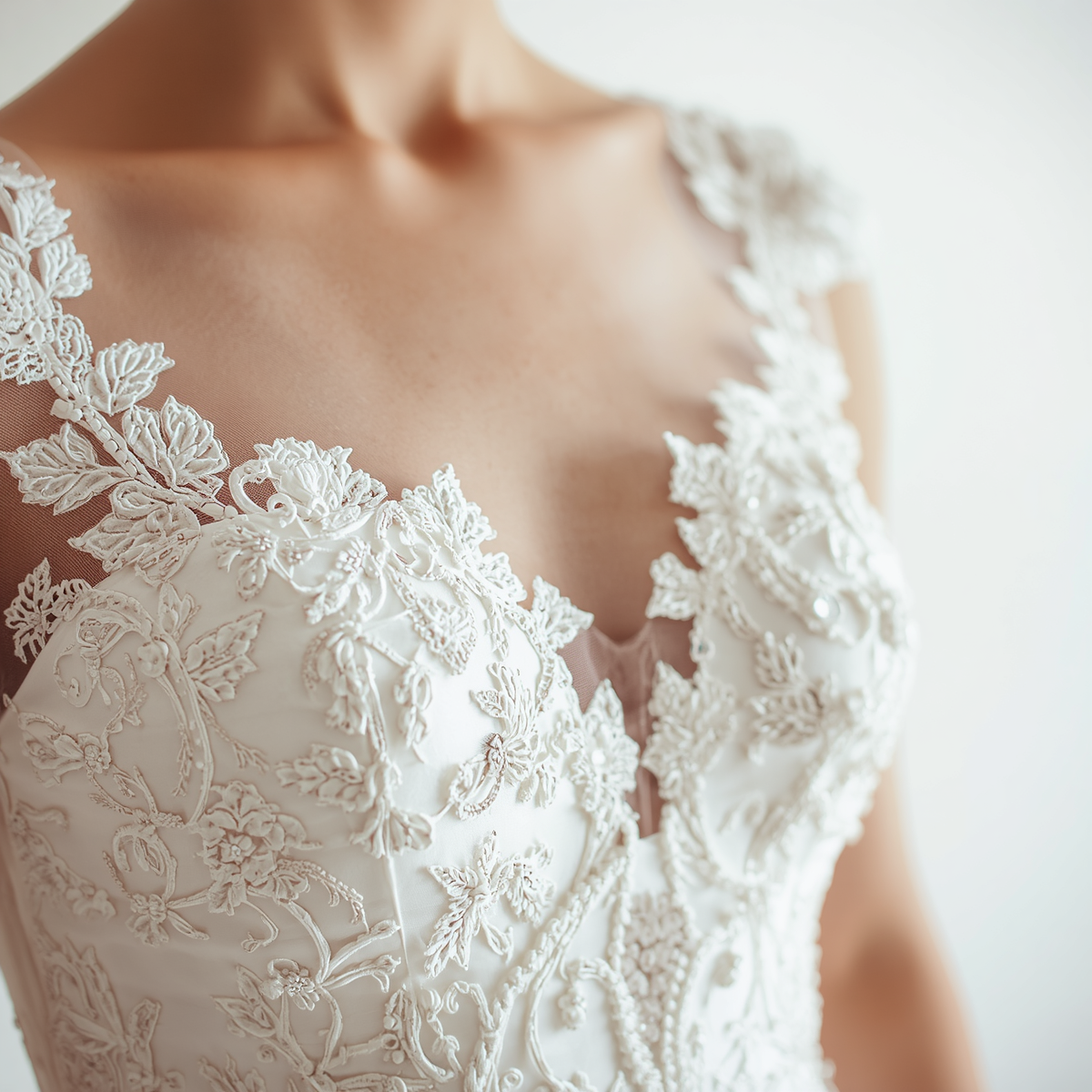 close up detail shot of elegant wedding dress, lace embroidery details, bodice detail, intricate beadwork, white background, professional bridal photography close up detail shot of elegant wedding dress, lace embroidery details, bodice detail, intricate beadwork, white background, professional bridal photography