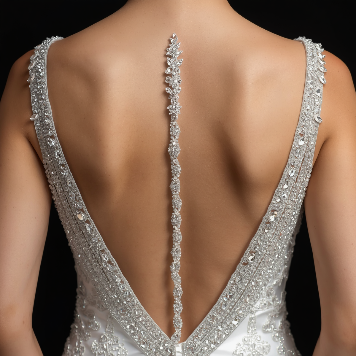 close up detail shot of wedding dress back with crystal embellishments, beaded back detail, sparkling crystals, intricate beadwork, black background, professional bridal photography (1) close up detail shot of wedding dress back with crystal embellishments, beaded back detail, sparkling crystals, intricate beadwork, black background, professional bridal photography (1)