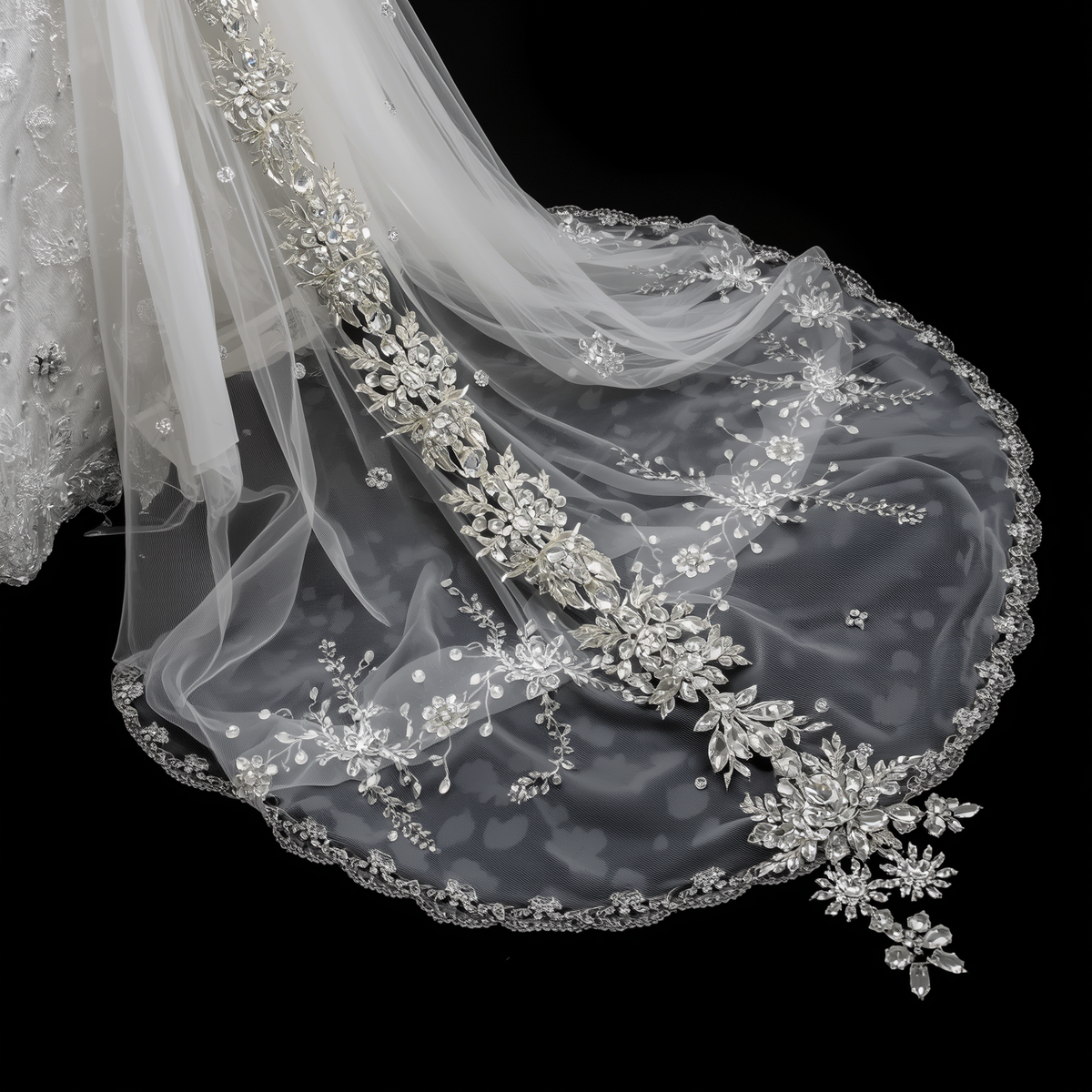 close up detail shot of wedding dress train with crystal embellishments, beaded train detail, sparkling crystals on fabric, intricate beadwork, black background, professional bridal photography (1) close up detail shot of wedding dress train with crystal embellishments, beaded train detail, sparkling crystals on fabric, intricate beadwork, black background, professional bridal photography (1)