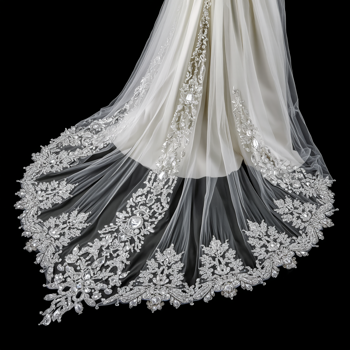 close up detail shot of wedding dress train with crystal embellishments, beaded train detail, sparkling crystals on fabric, intricate beadwork, black background, professional bridal photography (2) close up detail shot of wedding dress train with crystal embellishments, beaded train detail, sparkling crystals on fabric, intricate beadwork, black background, professional bridal photography (2)
